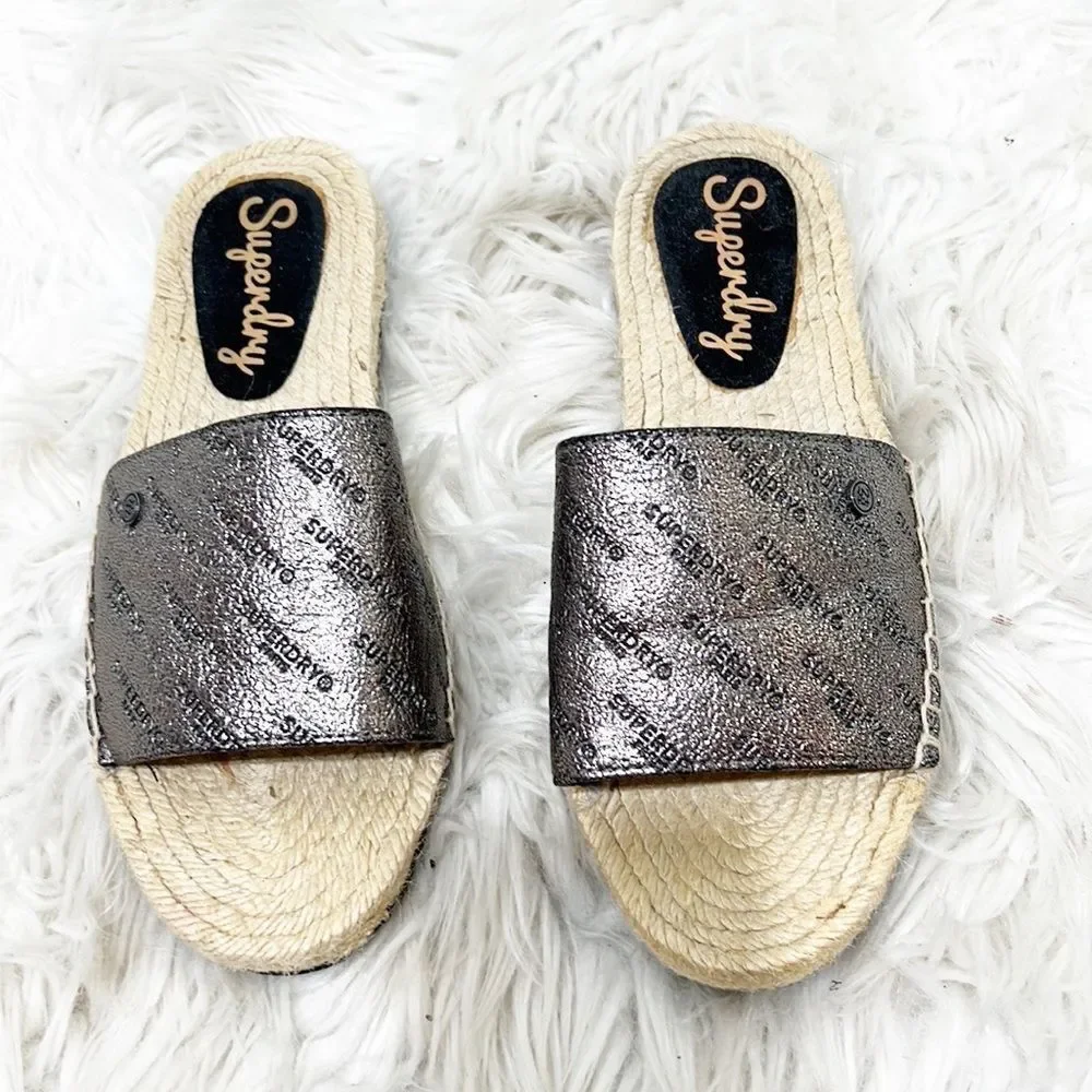 Superdry Maya Metallic Silver Logo Espadrille Slides size 6